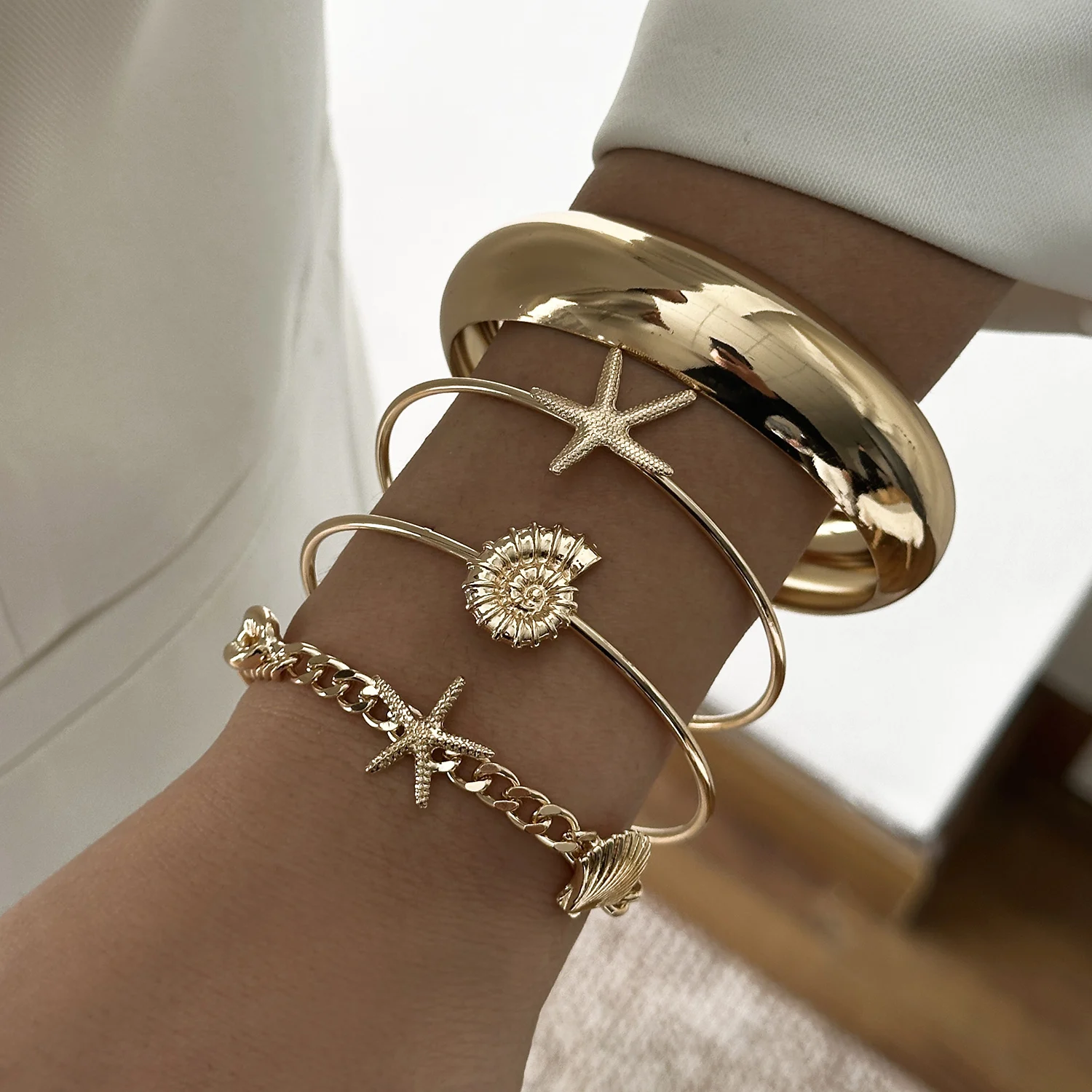 Ozean-Seestern-Muschel-Armband- und Ring-Sets für Damen aus Legierung mit Sonnenglanz, stapelbar, für Strandurlaub, Schmuckgeschenke – Detail 4