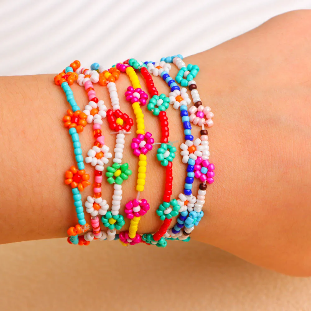 12 قطعة/الوحدة بسيطة زهرة متعدد الألوان مطاطا الدخن الخرز أساور للنساء حسن الحظ حفلة عيد ميلاد مجوهرات هدايا الصداقة #6