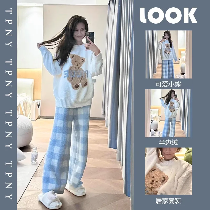 

Корейский студенческий пижамный комплект из кораллового флиса, женская зимняя теплая фланелевая утепленная одежда для сна, домашняя одежда в клетку с героями мультфильмов, одежда для дома