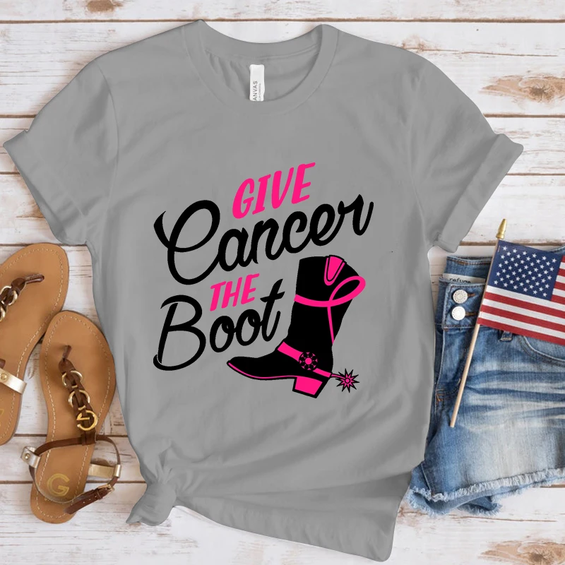 New Breast Cancer Awareness Give Cancer The Boot Print Short Sleeves Fashion Round Neck Men Woman T-Shirt Summer Casual Tees