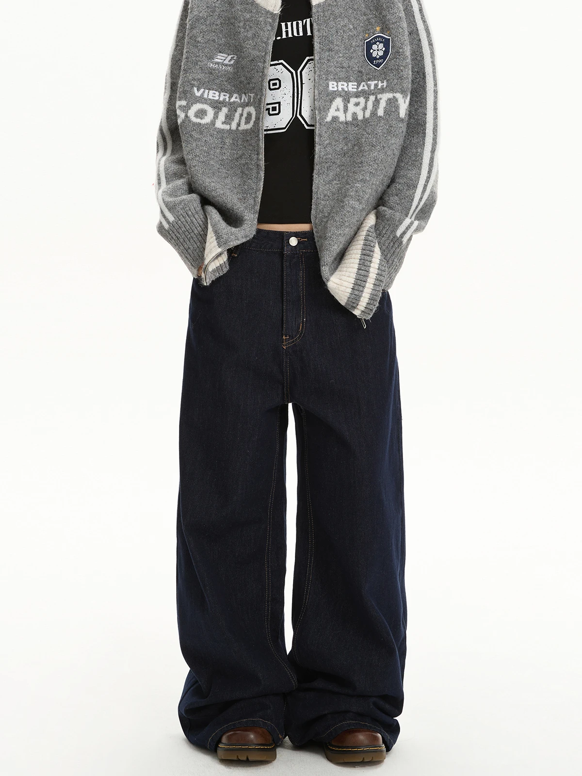 

Вад, американские ретро темно-синие повседневные джинсы для мужчин и женщин, прямые брюки CleanFit с драпировкой, утягивающие брюки длиной до пола