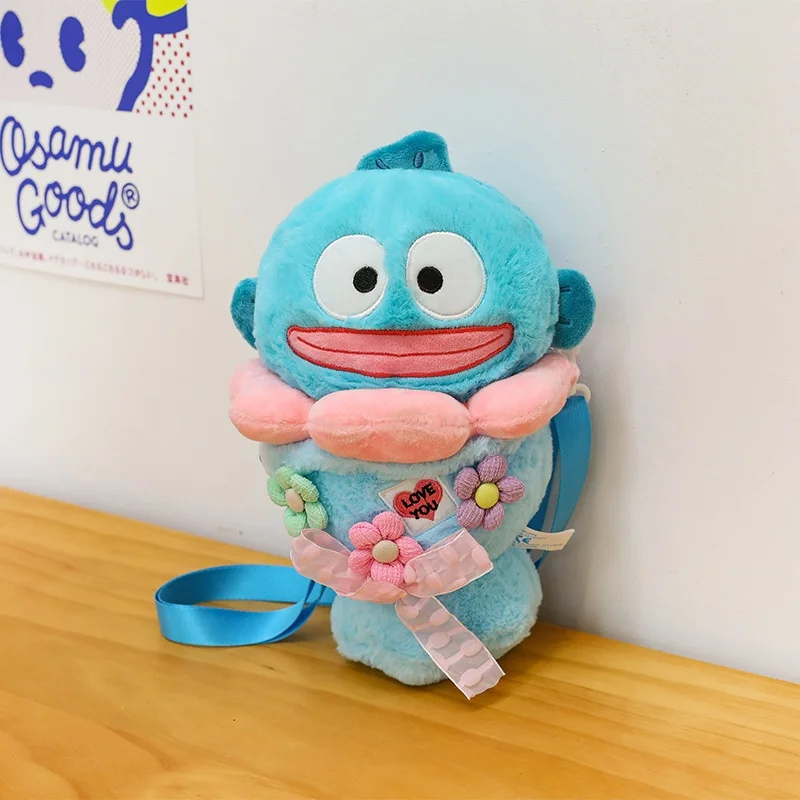 Ungefähr 25 cm Sanrio Hangyadon Blue Sweet Tube Bouquet Verstellbarer Riemen Weicher Plüschrucksack Shopping Geldbörse Paar Weihnachtsgeschenk