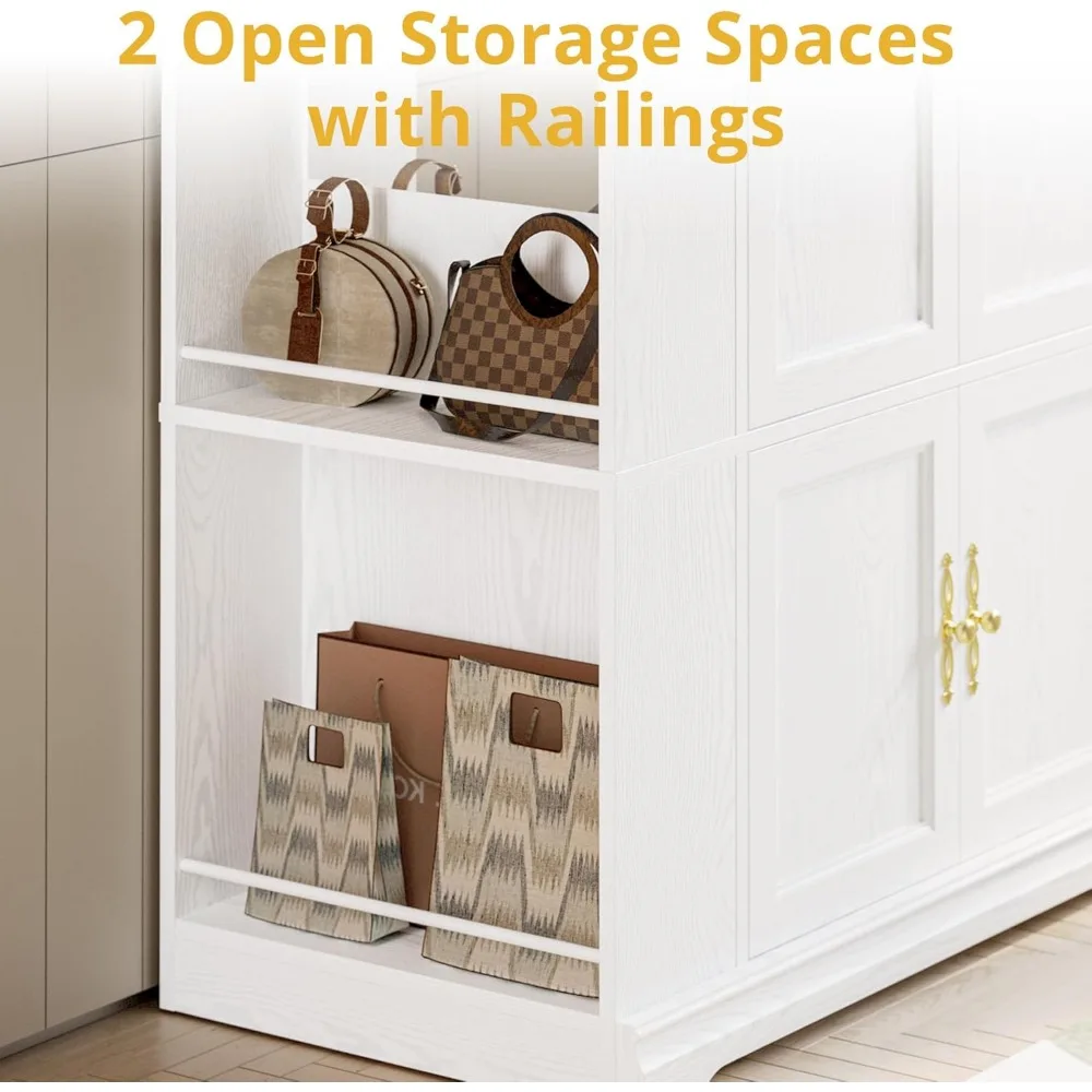 خزانة ملابس خشبية قائمة بذاتها مقاس 70 بوصة مع مرآة و4 أبواب، تتميز برفين مفتوحين لتخزين غرفة النوم