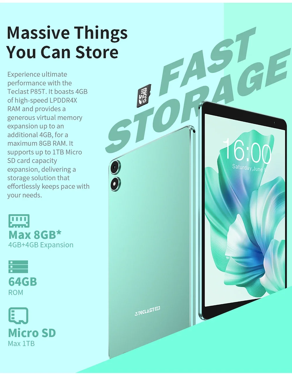Teclast P85T Tablet Allwinner A523 8-core 1.8GHz/ 4GB RAM/64GB ROM/8 inch 800×1280iPS/WIFI5G/4G/5000mAh/Type-C/0.3MP+2.0MP