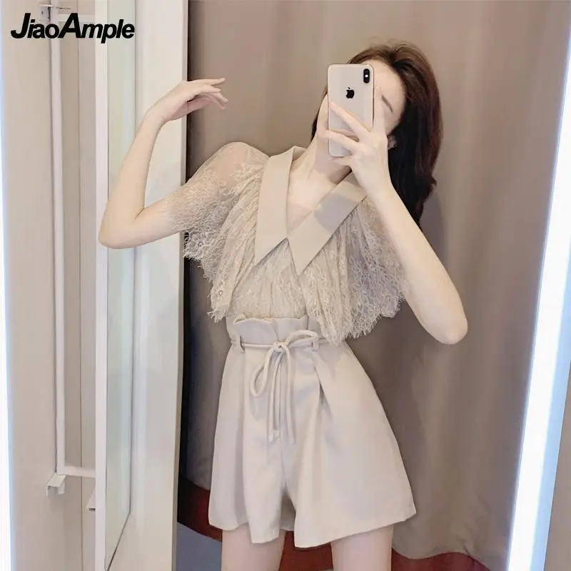 2024 New Summer Vintage Chic Shirt Top Wide Leg Shorts Two Piece Women Fashion Lace Blouse Pants Set Korean Elegant Casual Suit