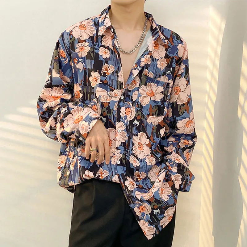 

Spring Flower Print Beach Shirts Men Long-sleeved Casual Shirt Seaside Vacation Clothes Male Holiday Loose Floral Tops