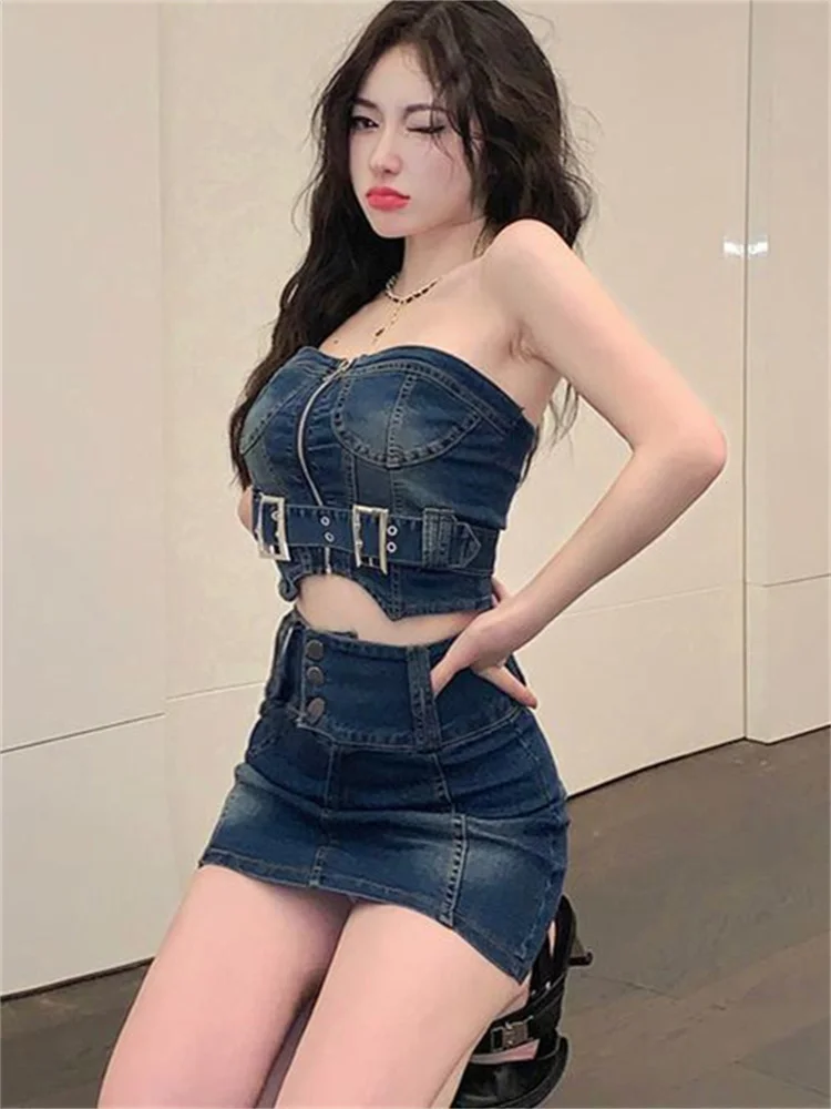 Irabeezt Hot Girl Denim Short Skirt Suits Women 2022 New Summer Korean Belt Bandeau Top ＋ High Waist Hip Skirt Two-piece Trend