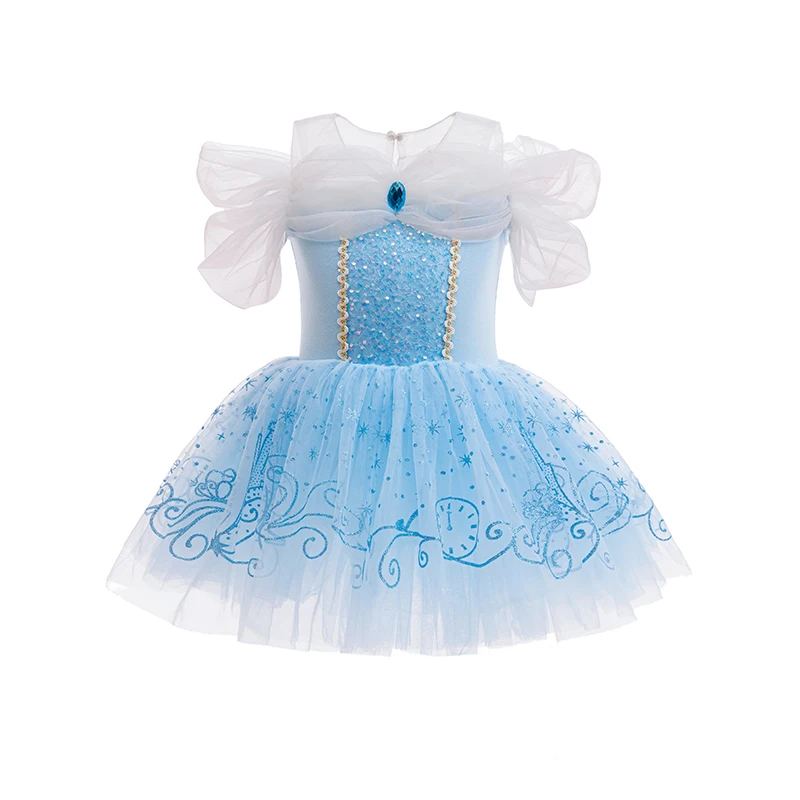 

Girls Cinderella Princess Dress Sparkle Sequin Tulle Skirt Bow Sleeves Children Birthday Party