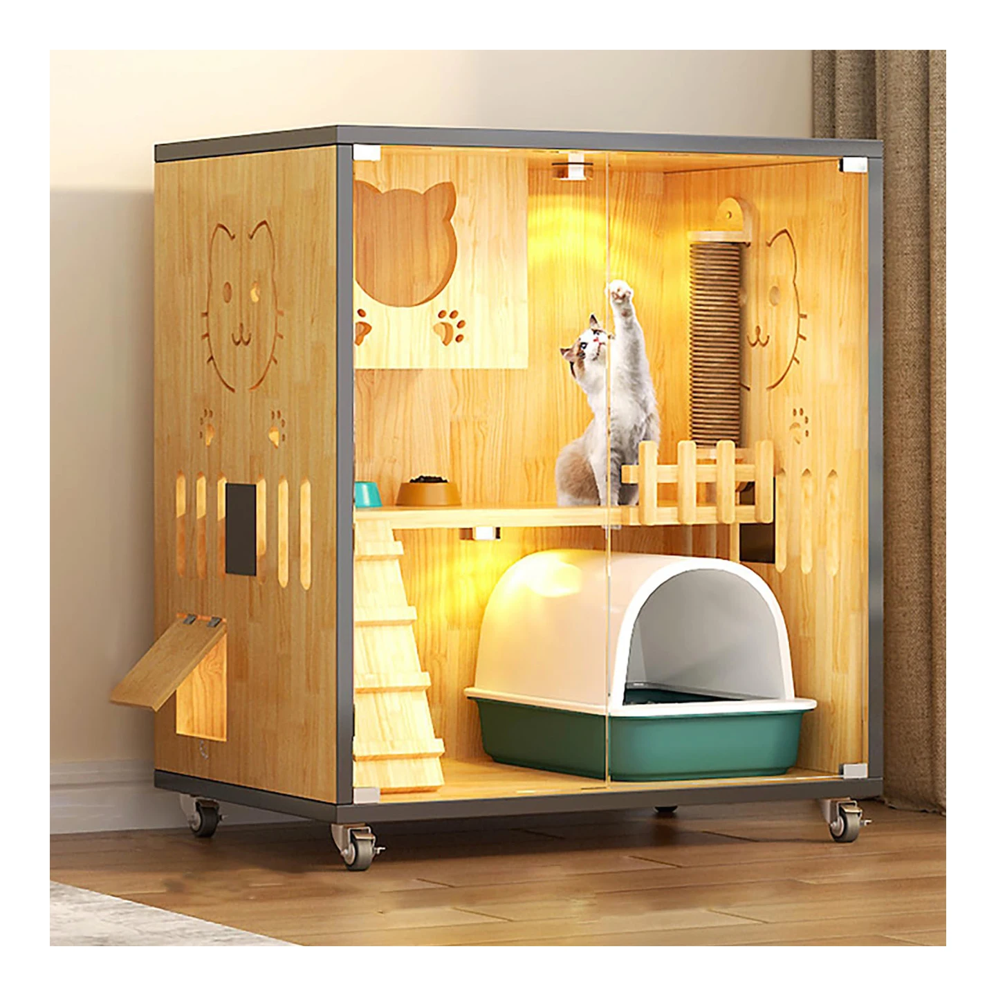 

Modern Luxury Indoor MDF Wooden With Pulley Mobile Pet House Cat Villa