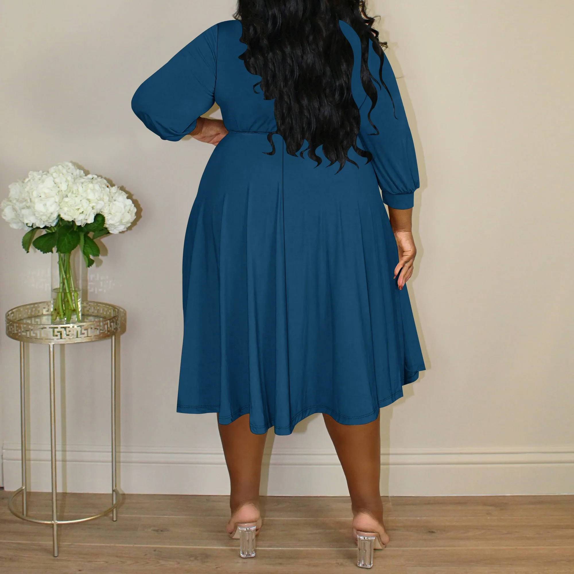 

Women's Wrap Dress Cocktail Church Wedding Midi Dress A-Line V Neck 3/4 Sleeve Casual Solid Color Dresses with Belt