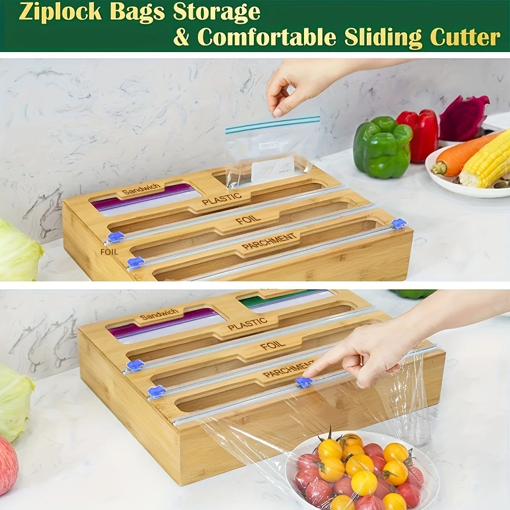 

2-in-1 Kitchen Organizer with Cutter - Bamboo-like storage for Bags, Foil, Cling Film - Space-Saving Drawer Organizer with Labels - Compatible with Home, Cafes, Sandwich Shops - No Power Needed, Kitchen Organizers And Storage, Natural Wood Look, Sturdy Co