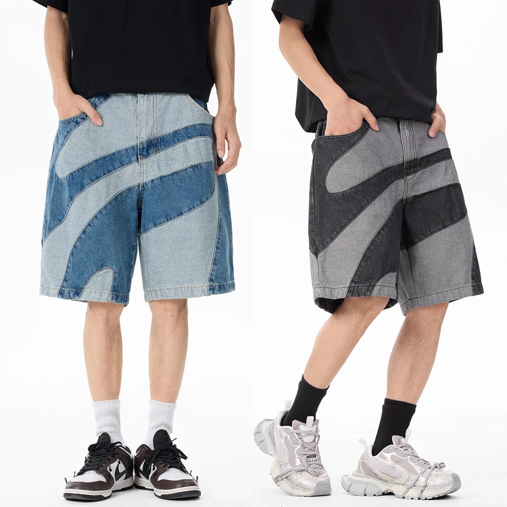 

Splice Denim Shorts Men Streetwear Fashion Hip Hop Loose Casual Wide Leg Baggy Shorts Knee Length Jeans Pants Trousers
