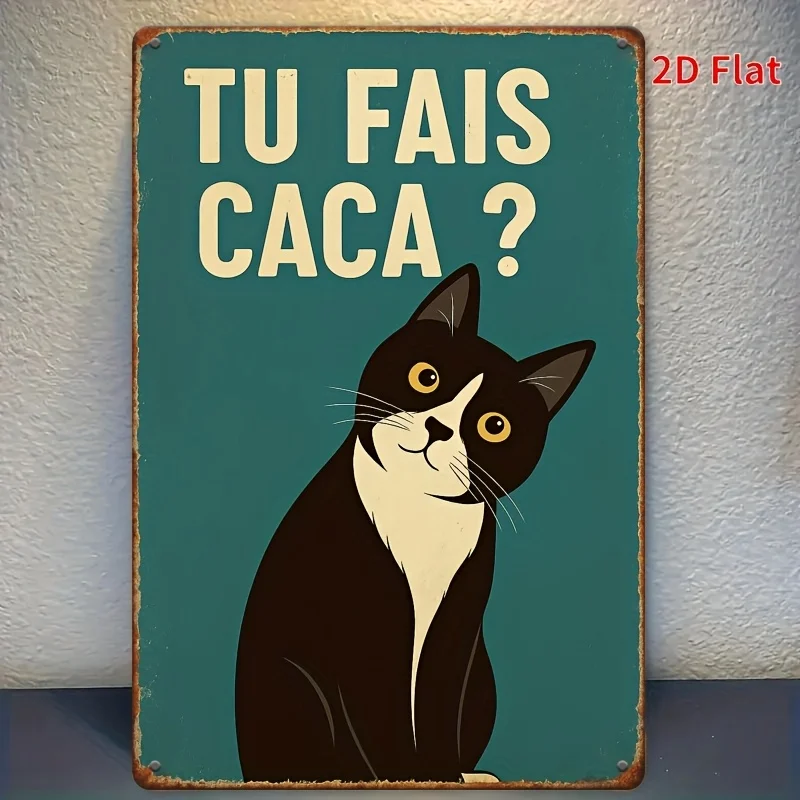 （2D Tin painting）2D Flat, 1pc Funny Vintage TU FAIS CACA Metal Wall Sign - 8x12 Inch Retro French Toilet Humor Plaque,