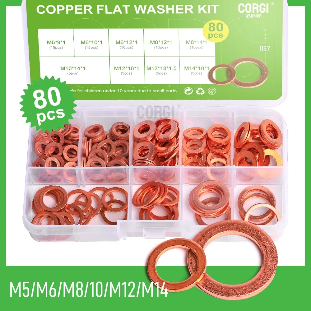 

Copper Washer Gasket Set for Sump Plugs Nut Bolt Flat Ring Seal Assortment Kit with Box M5 M6 M8 M10 M12 M14 80pcs/Box