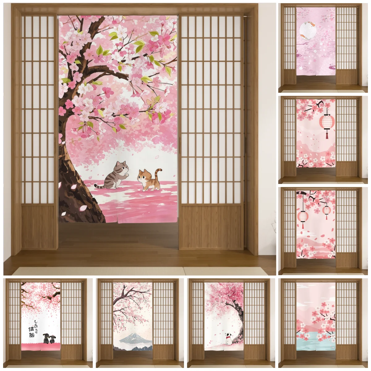 Pink Cherry Blossom Noren Door Curtains Cartoon Cats Polyester Partition Screen for Home Living Room Bedroom Entryway Curtains