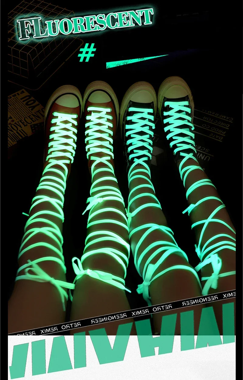 Neue leuchtende Schnürsenkel, Nachtleuchtende, flache Schnürsenkel und Schuhdekoration für Sneaker, Abschlussball, Party, Schuhe, Spitzenzubehör, 120/140 cm – Detail 3