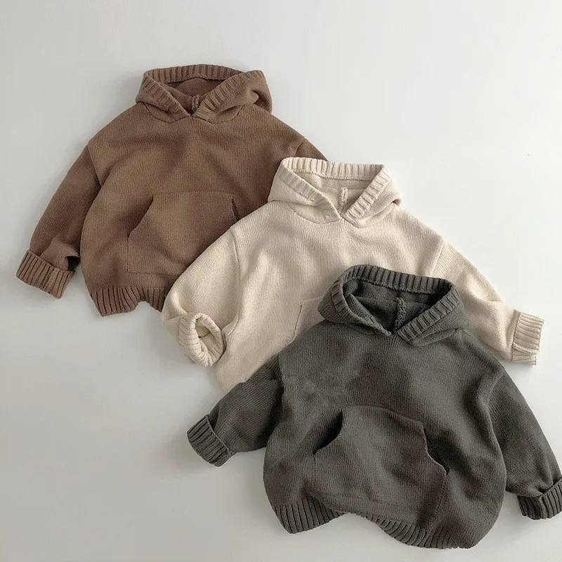 2025 Autumn New Children Long Sleeve Knit Hoodie Baby Boys Casual Sweatshirt Kids Girls Vintage Knitted Hooded Sweater Clothes