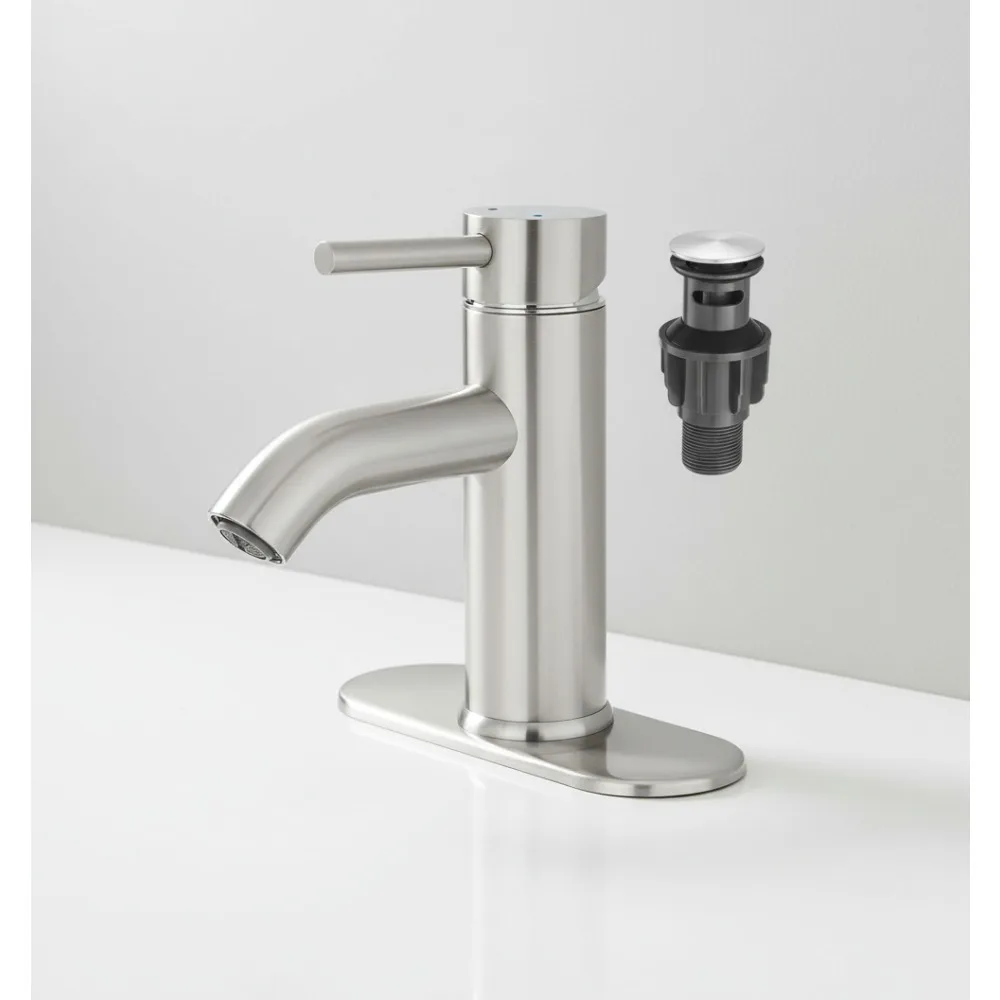 

Brushed Nickel Single Handle Bathroom Faucet with Pop-up Drain, Modern Vanity Sink Tap for Home RV Camper