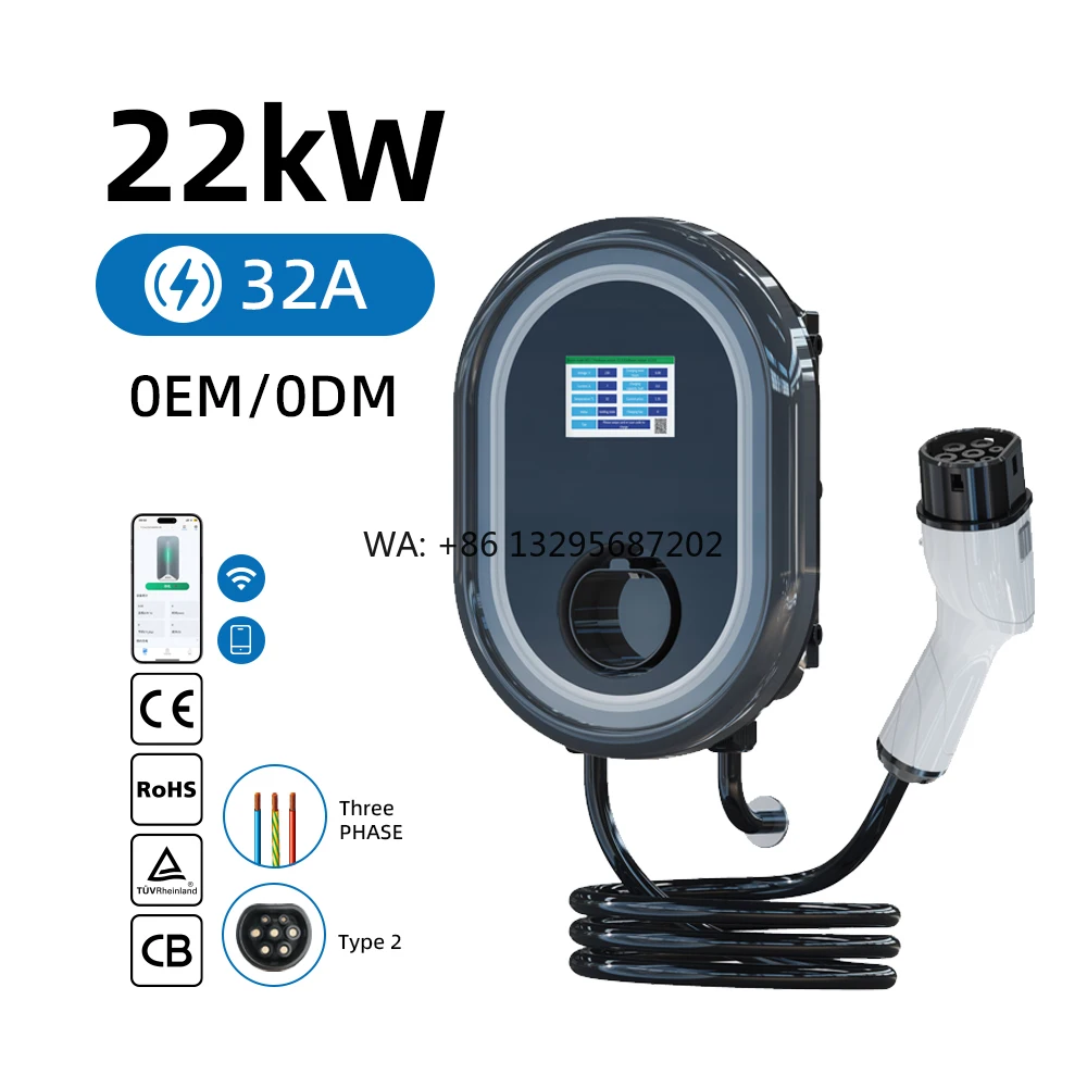 

Зарядная станция для электромобилей Type 2, 22 кВт, настенная, 32 А, с Wi-Fi, управлением через приложение и RFID-картой