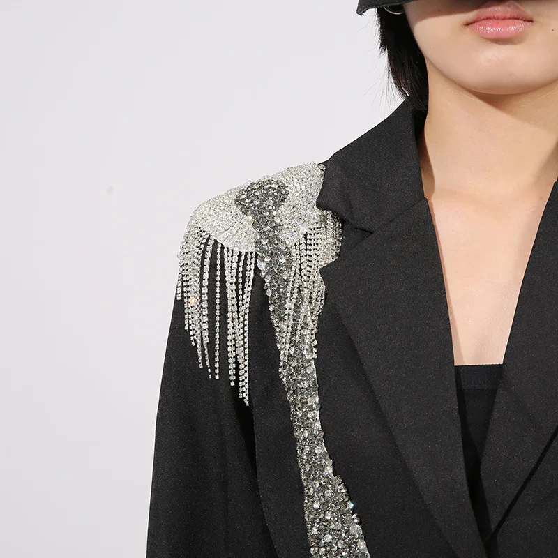 French Elegant Commuting Office Lady Jacket Coat Heavy Industry Diamond Bead Single-Breasted Slim Versatile Black Blazers Women