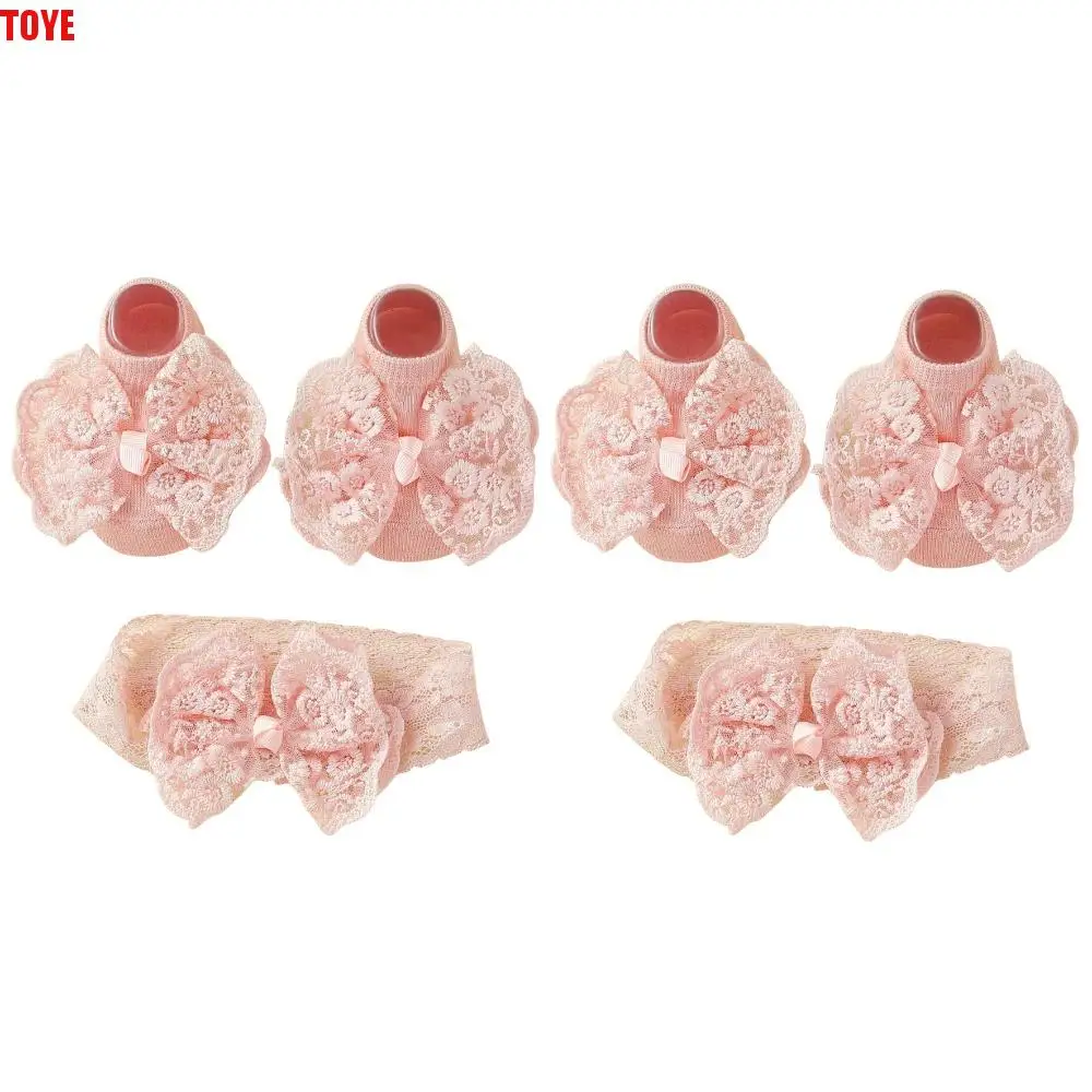 

2 комплекта, детская повязка на голову с кружевным бантом, носки, комплект в корейском стиле, милый головной убор принцессы для младенцев, мягкая дышащая эластичная повязка для волос, От 0 до 12 месяцев