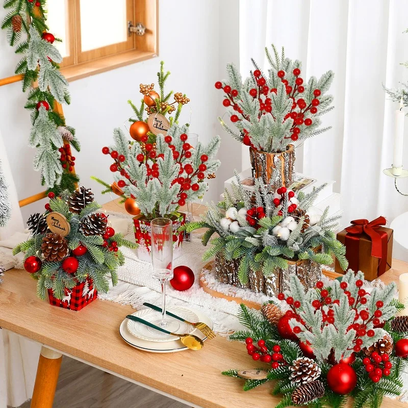20/1 مجموعات ندفة الثلج الصنوبر الأحمر هولي بيري فرع DIY بها بنفسك عيد الميلاد إكليل تشكيلة زهور مزيج حفلة المنزل منضدية الديكور #6