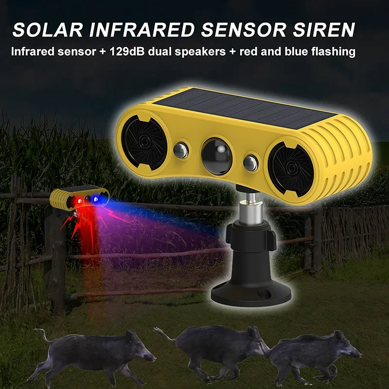 Solar Motion Sensor Alarm LED Red & Blue Strobe Light 18650 Outdoor Battery Beast Repelling Device Driving Security Alert System