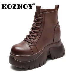 Koznoy 7.5cm Cow stivaletti in vera pelle naturale autunno British mocassini Platform Wedge PUNK Fashion ZIP Spring scarpe da donna