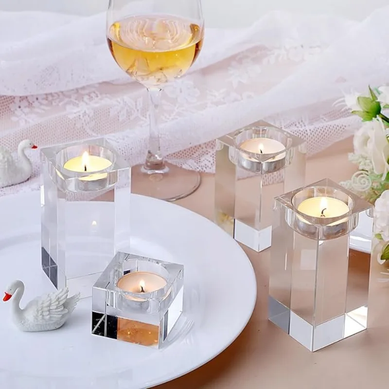 Crystal Tea Light Candle Holder, Square Glass Wish Candle Stand for Wedding, Dining, Living Room Decor Height 4,6, 8,10,12cm