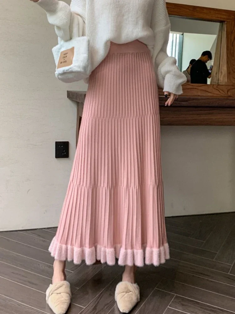 

Women's Pink Plush Knit Skirt Autumn and Winter Versatile Midi High-waisted Skirt Slim A-line Pleated Long Skirt Dongdaemun