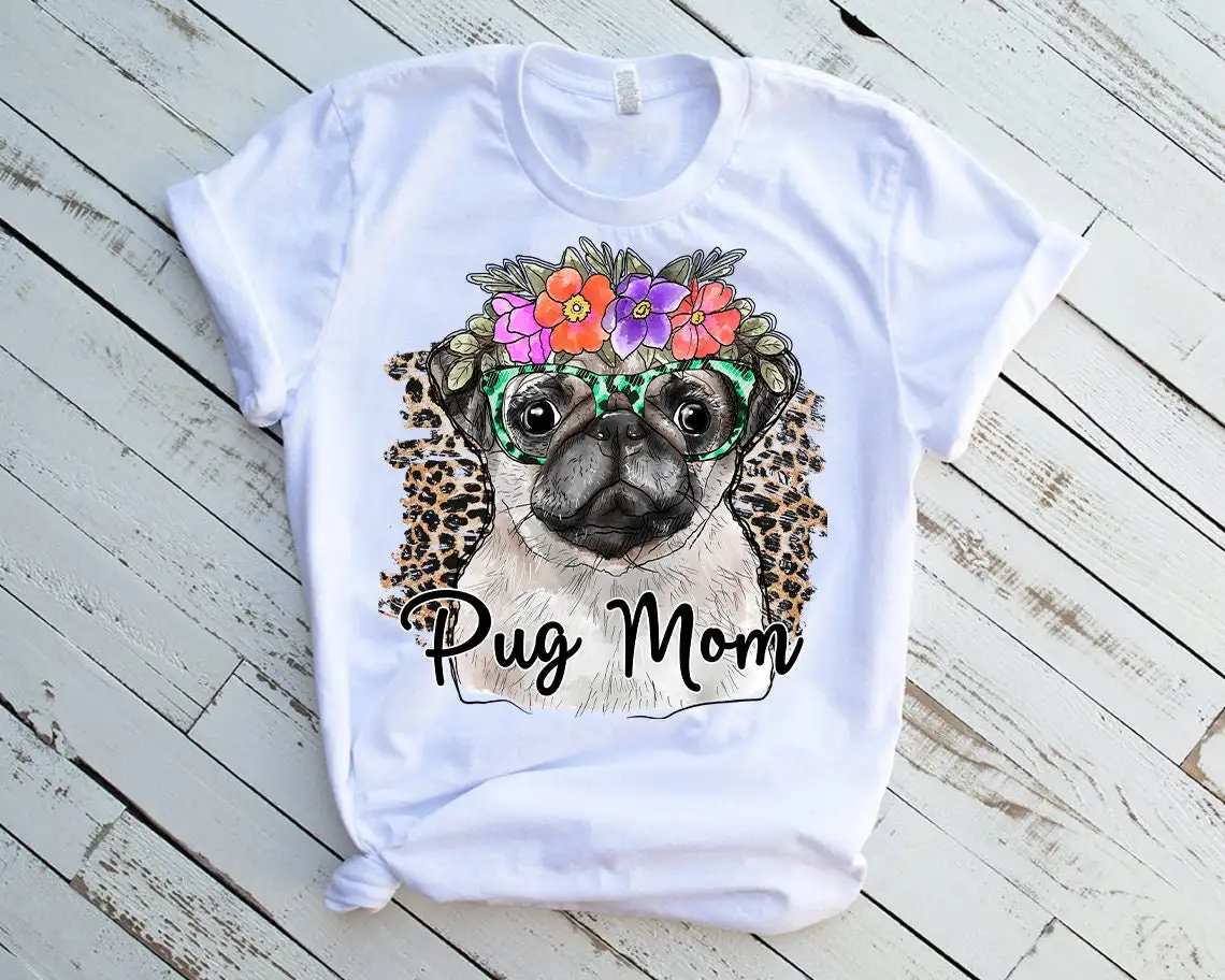 

Leopard Pug Mom Animal Print T-Shirt Women'S Clothing Kawaii Dog Lover Flowers Tshirt Femme Harajuku Shirt White T Shirt Female