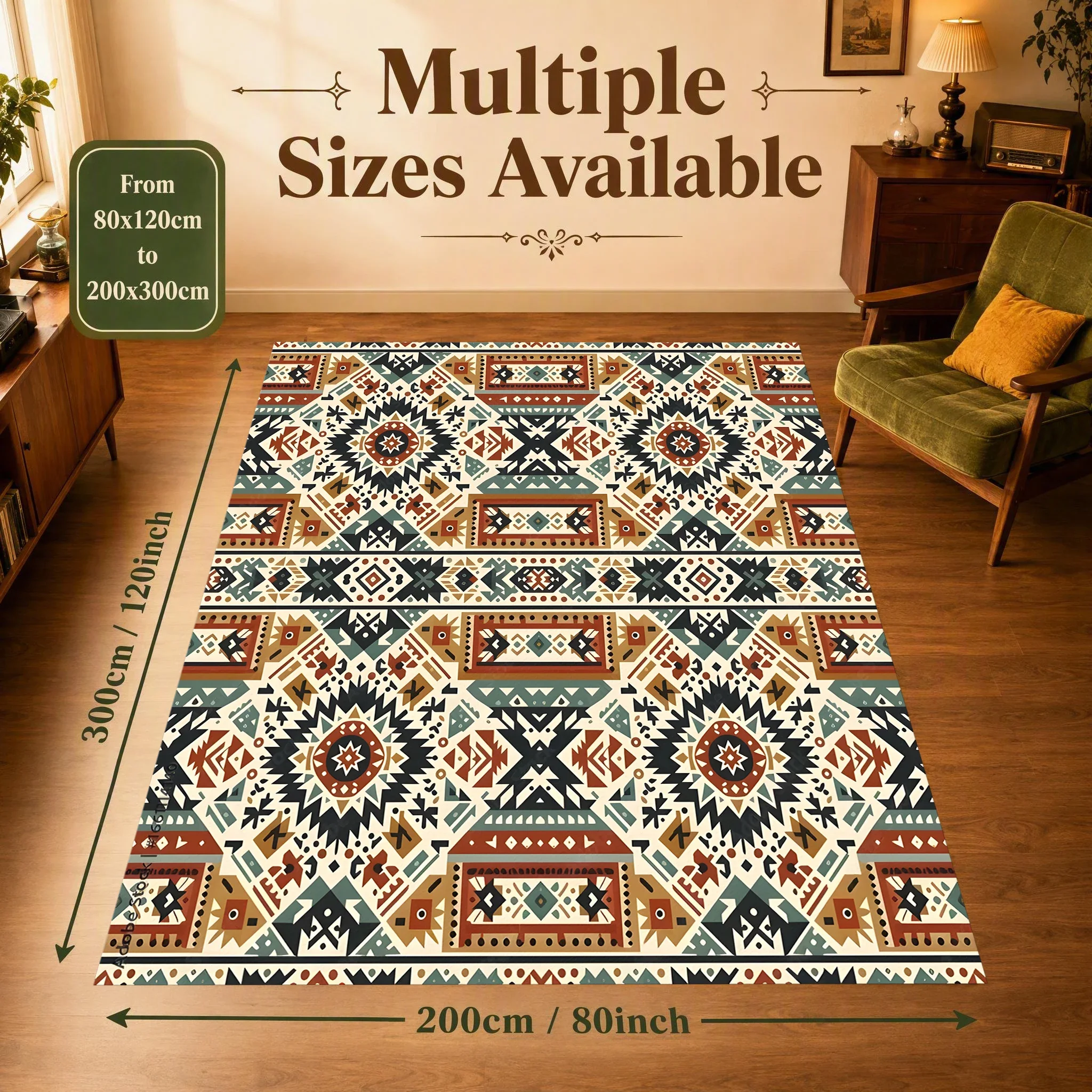 2D Carpet with Retro Ethnic Geometric Totem Pattern in Bohemian Style for Living Room, Bedroom, and Coffee Table
