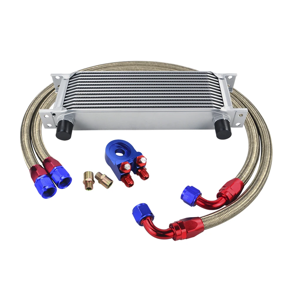 AN10 Universal 13 Rows Oil Cooler Kit + Oil Filter Sandwich Adapter + Staingless Steel Braided AN10 Fuel Hose Connector