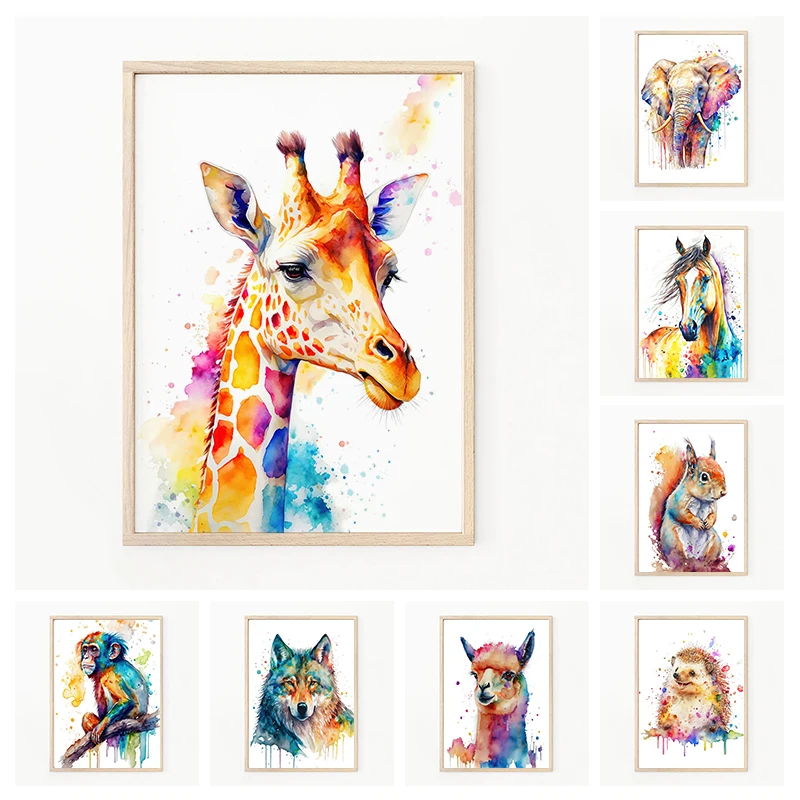 Watercolor Safari Animals Wall Art Posters and Prints Canvas Painting Aesthetic Picture for Baby Kids Room Wall Decor Home Decor