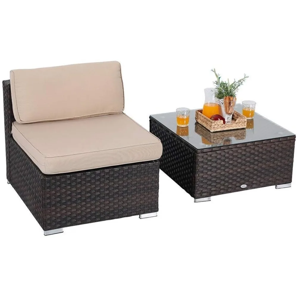 

2 Piece Outdoor Patio Furniture Set, All Weather Wicker Sectional Sofa Set with Armless Chairs and Glass Table