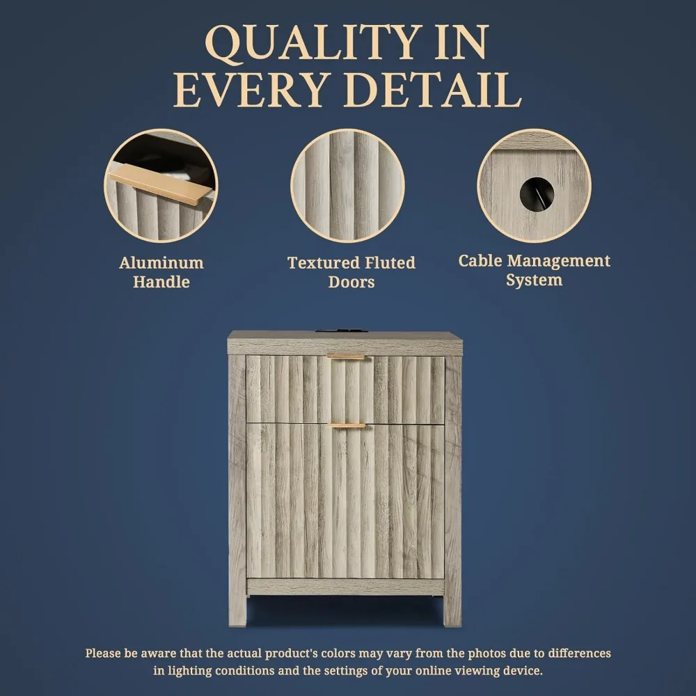 منضدة محطة شحن بتصميم لوحة مخددة، طاولة نهاية ذات درجين لتخزين جانبية للأريكة على طراز المزرعة #5