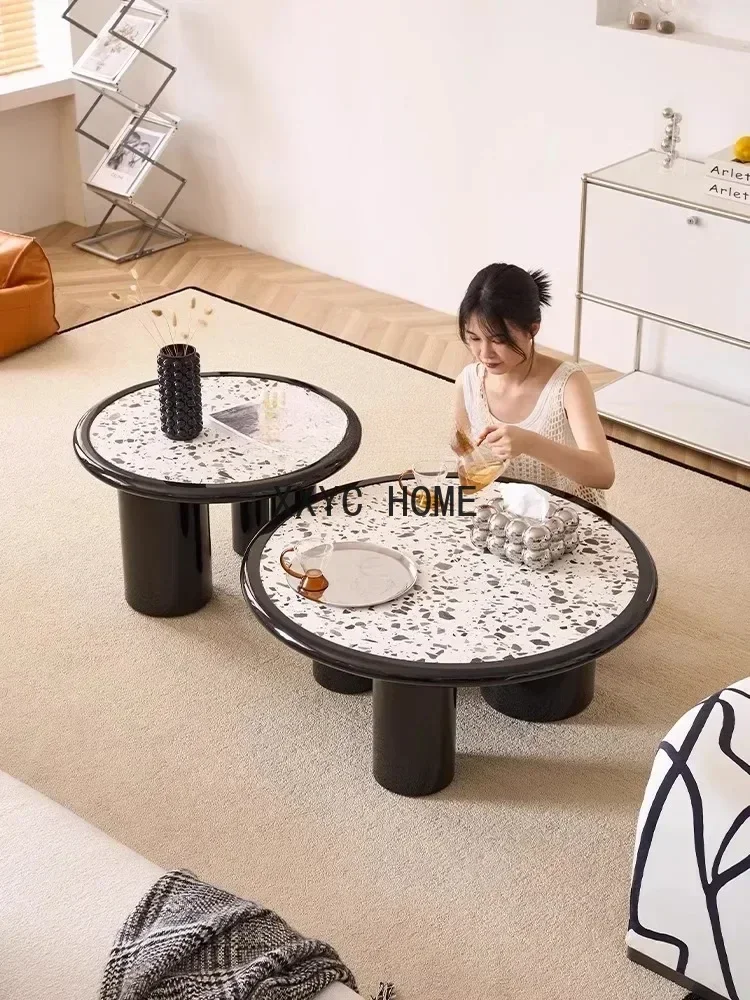 Ronde Terrazzo Koffietafel Combinatie Klein Appartement Huis Marmer Kleine Theetafel Zwart Retro