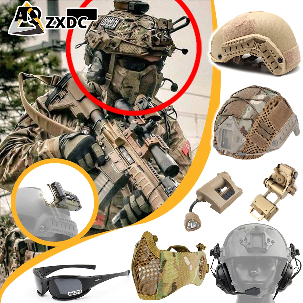 

Airsoft Steel mesh mask and helmet set with Flashing signal light, Communication headset for tactical operations game, L4G24