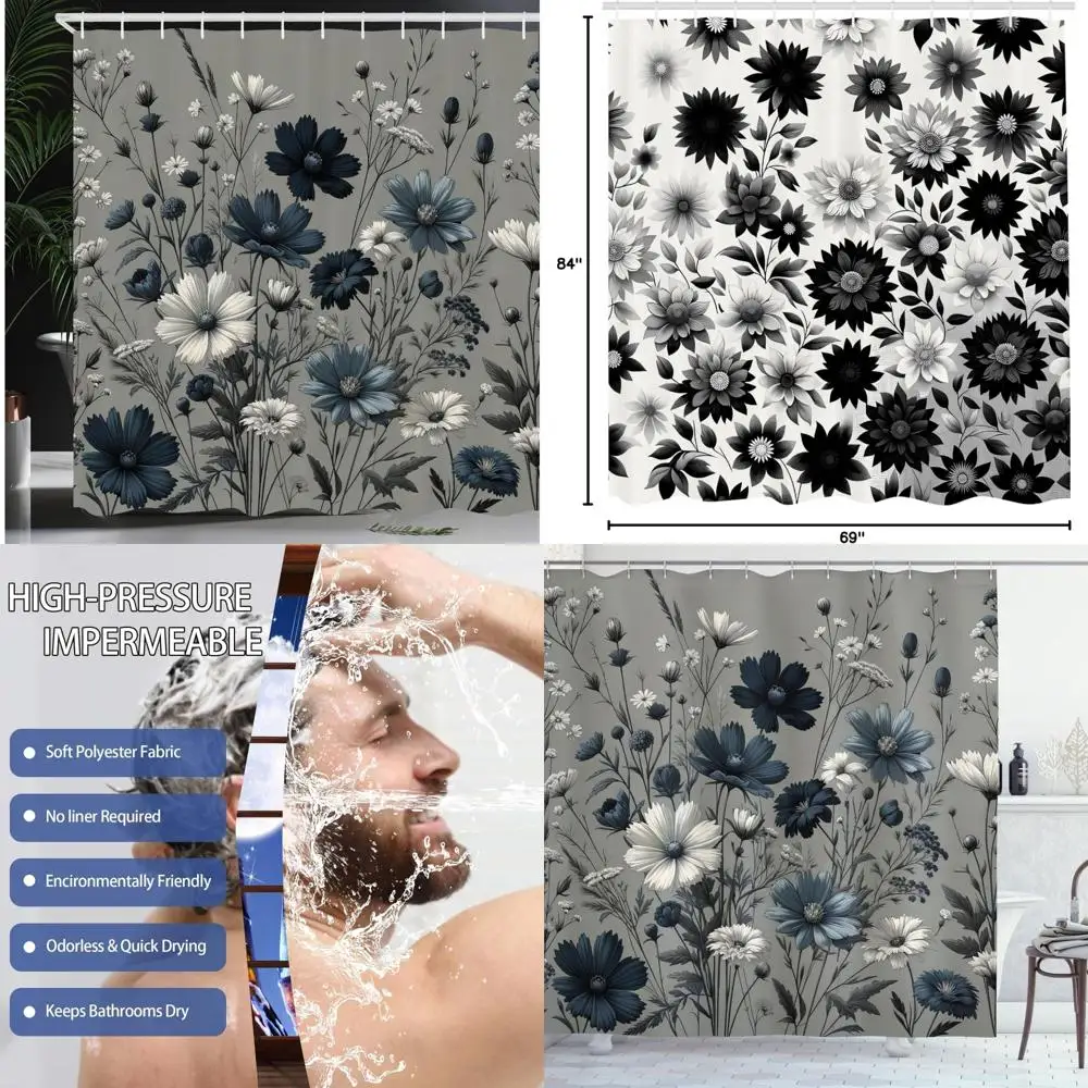 

Темно-синяя винтажная занавеска для душа с цветочным принтом, весенняя комната с полевыми цветами cottagecore, тканевый декор для ванной комнаты
