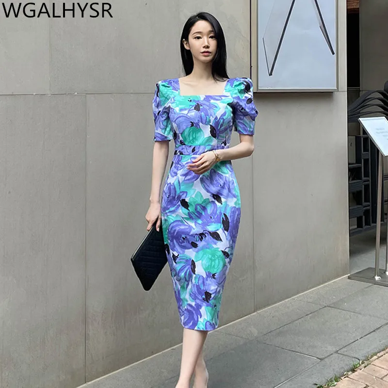 

Hot Sales Korean Women's Tank Summer Dresses Short Sleeves Square Collar Medium Length Fashion Print Dresses Female Clothing