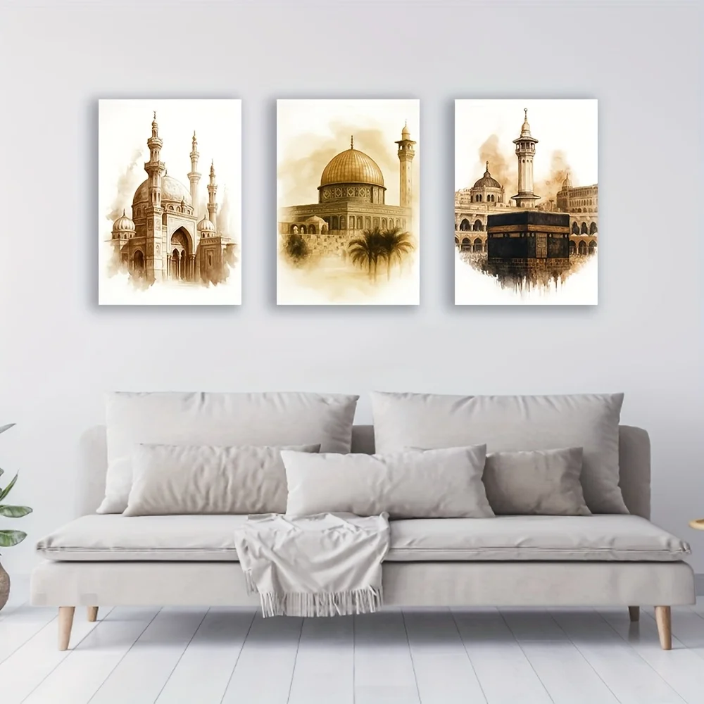 3pcs Islamic Architecture Wall Art Prints - Grand, Dome of the Rock & Kaaba in Mecca, Sepia Toned Watercolor Illustrations, 2