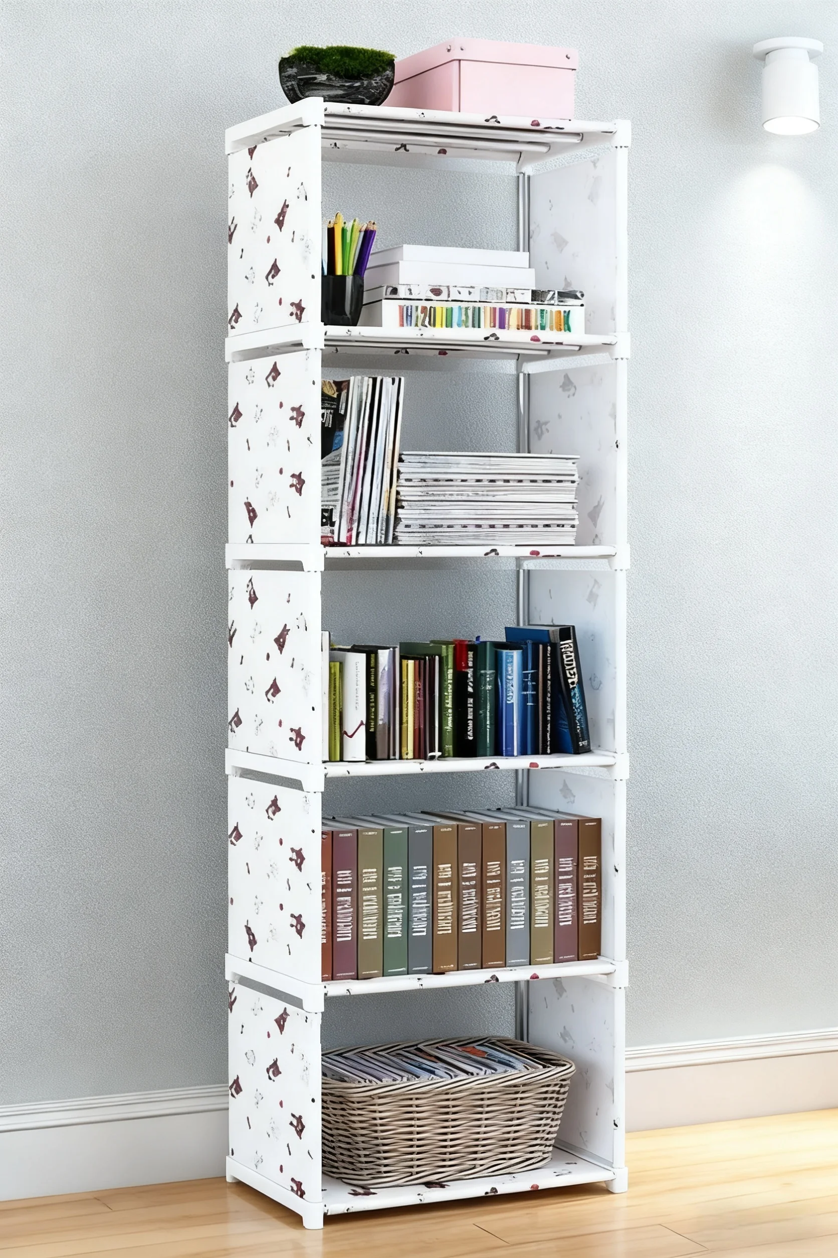 رف كتب بسيط متعدد الطبقات، خزانة كتب سهلة التجميع، حامل كتب سهل التجميع، رف عرض الكتب، منظم الكتب، رف الحطام