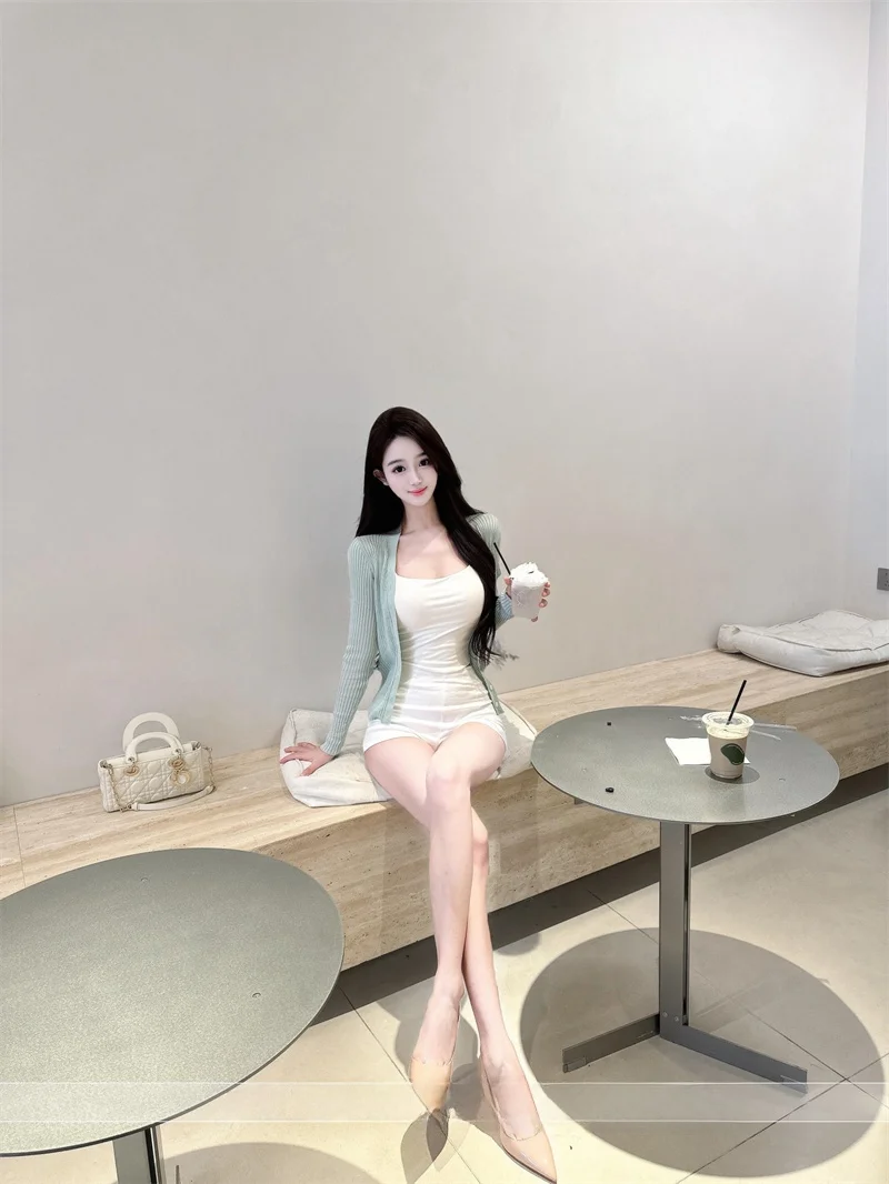 Korean Sweet Spicy Mint Color Knitted Open Cardigan Women Gentle Aosphere Basic Slim Long Sve Cover up Top