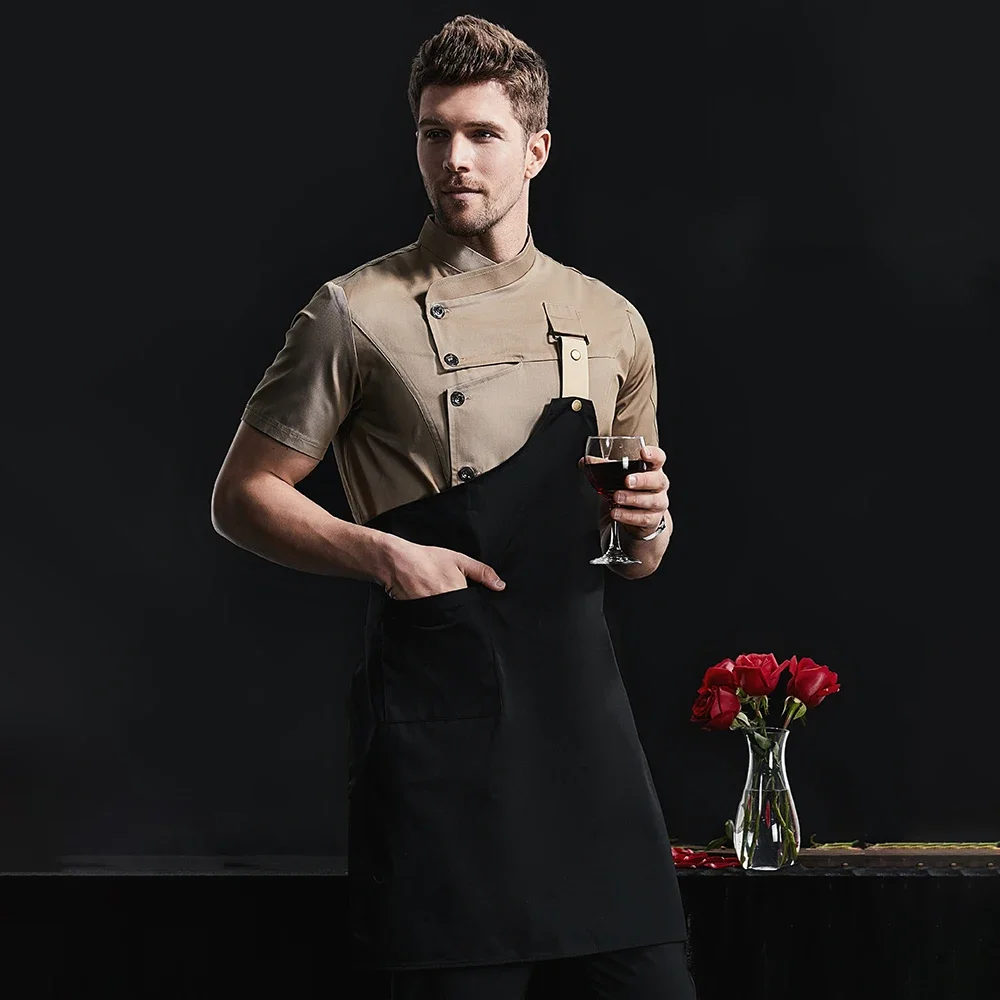 Khaki Koch Uniform Catering Arbeits kleidung Kopf Koch Hemden Koch Mantel Koch Jacke Sommer Restaurant Friseur Kellner Hemd Schürze