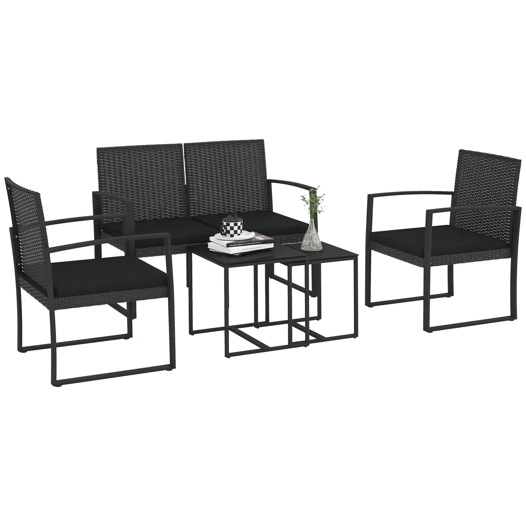Outsunny Conjunto de Muebles de Jardín de Ratán Sintético de 5 Piezas Negro