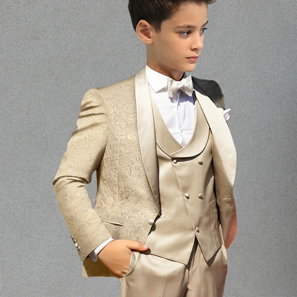 

Jacquard Boys Suits Champagne Coat Dress Set (Blazer+Vest+Pants) Elegant Gentleman Tuxedo Children Wedding Party Birthday Gift