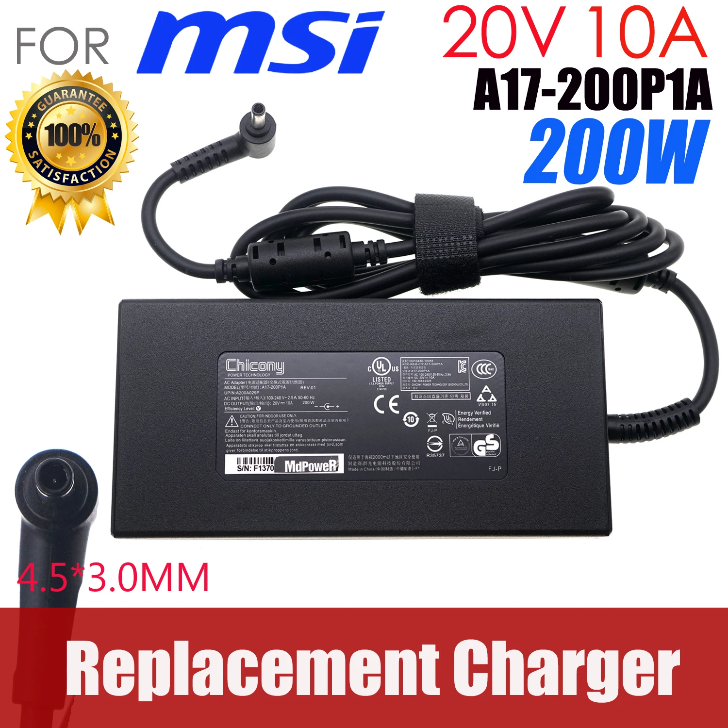 

Brand New For Chicony A21-200P2B 20V 10A 200W 4.5x3.0mm A200A022P AC Adapter For MSI Laptop Power Supply Charger A15-200P4B