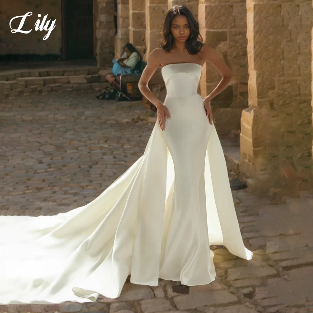 

Lily White Elegant Wedding Dresses Strapless Backless Wedding Gown with 3D-Bow Satin Mermaid Trailing Bridal Dress Customized