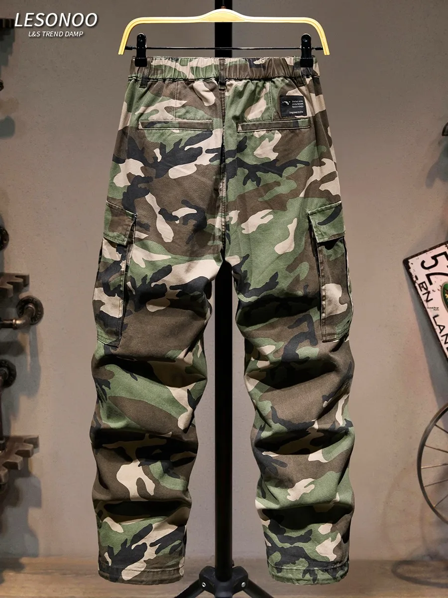 

Модные камуфляжные свободные повседневные брюки для мужчин, прямые широкие брюки в стиле High Street, молодежные модные брюки с множеством карманов для отдыха