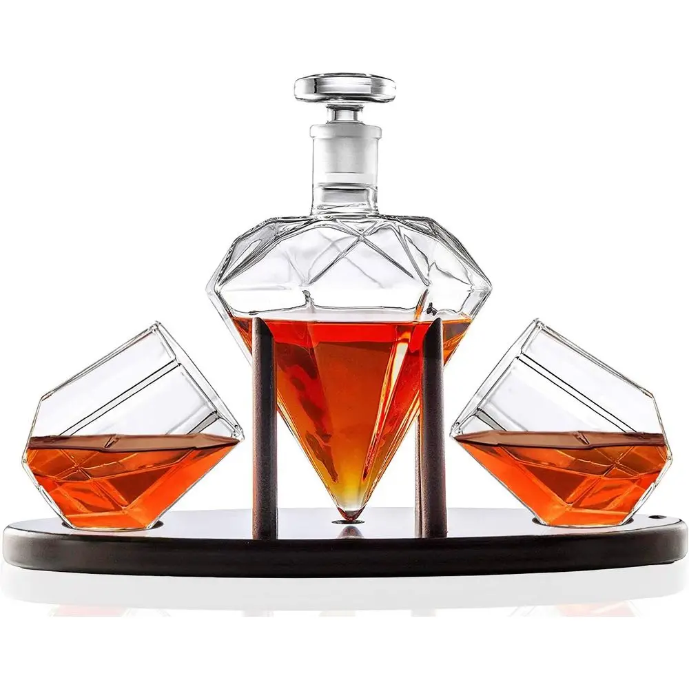 

Elegant Diamond-Shaped Whiskey Decanter Set with 2 Glasses and Mahogany Stand - 750ml